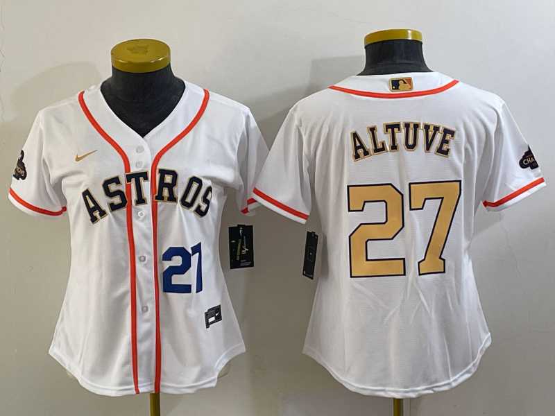 Womens Houston Astros #27 Jose Altuve Number 2023 White Gold World Serise Champions Patch Cool Base Jersey